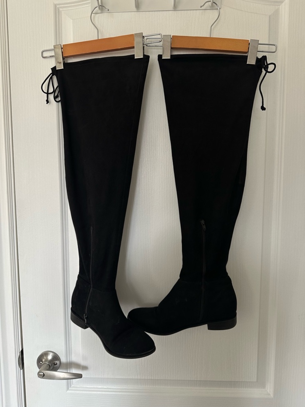 Over-the-Knee Black Suede Style Flat Heel Boots Tie Back Minimalist Chic Goth